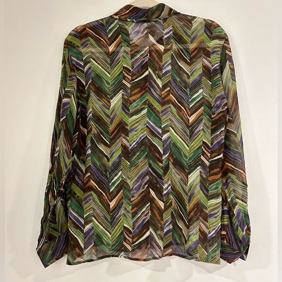 EUC Max Mara 100% Silk Sheer Button-Up Blouse Chevron Green Brown Purple Size 8 - Picture 5 of 9